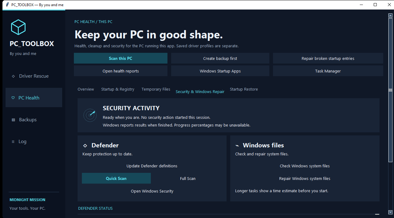 PC_TOOLBOX dark interface showing Windows health and security tools